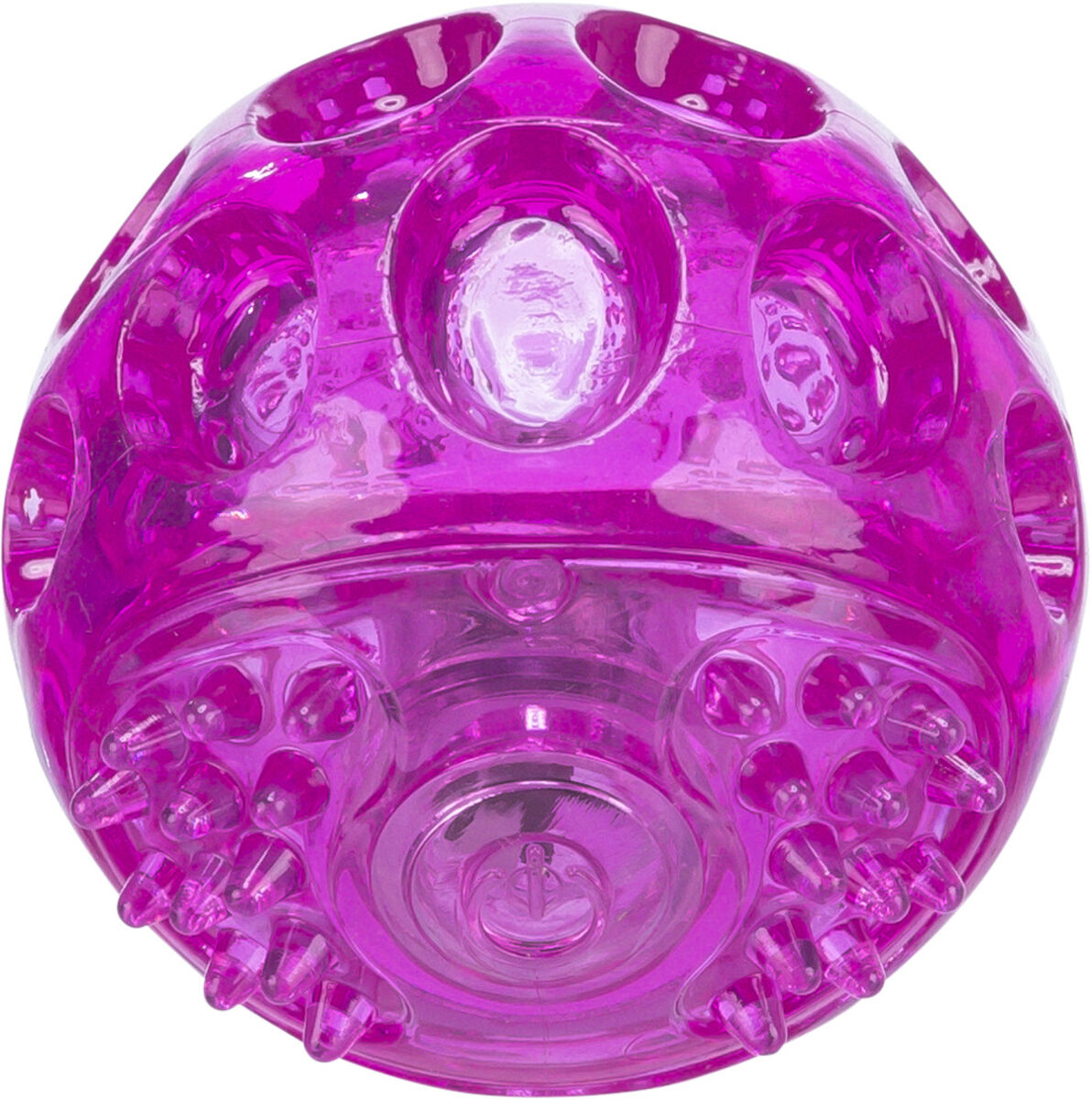 Runder, transparenter, pinkfarbener Ball mit strukturierten Oberflächen und Erhebungen.