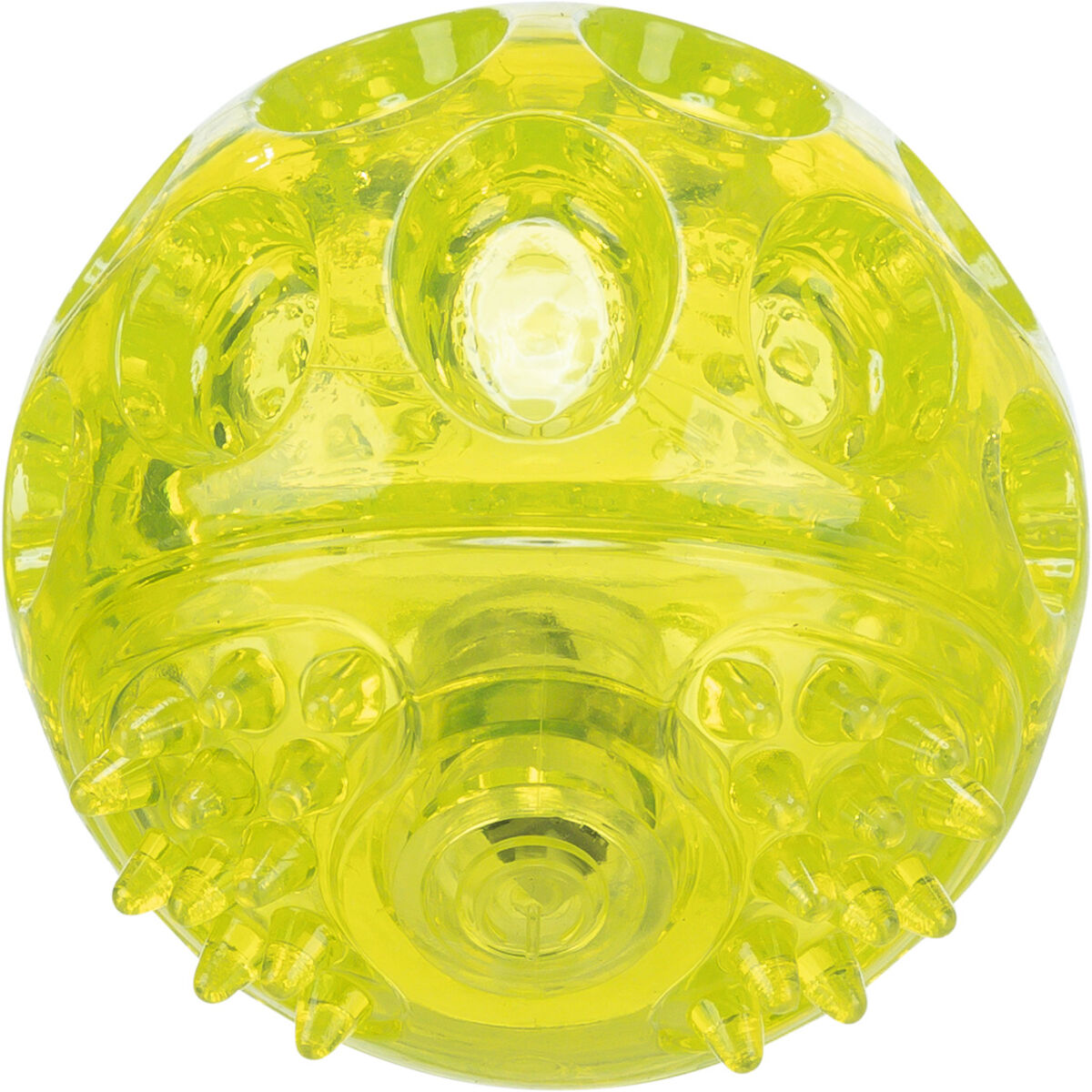 Gelber, transparent glänzender Ball mit Noppen und strukturierten Oberflächen, glatt und rund.