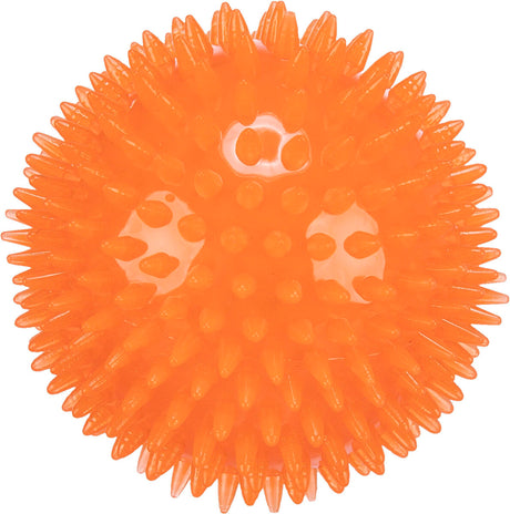 Orangefarbener, stacheliger Ball mit symmetrischen Noppen auf der gesamten Oberfläche.