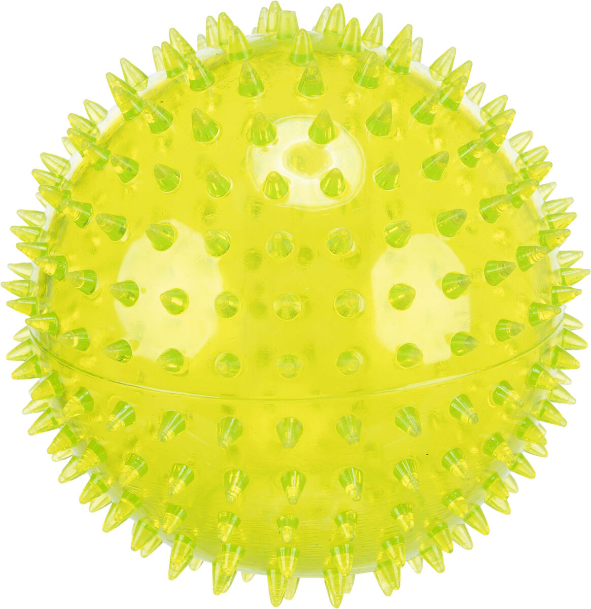 Leuchtend gelber Ball mit transparenten Spike-Applikationen, gleichmäßig verteilt auf der gesamten Oberfläche.