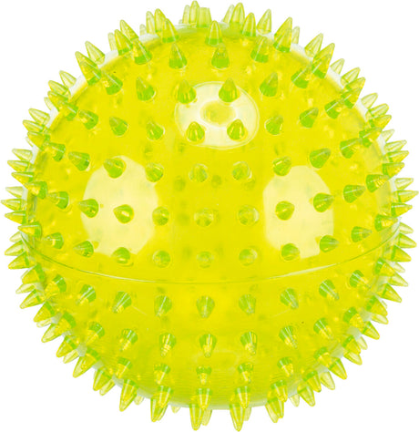 Leuchtend gelber Ball mit transparenten Spike-Applikationen, gleichmäßig verteilt auf der gesamten Oberfläche.