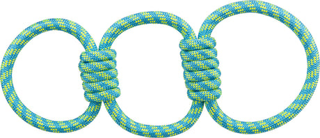 Drei miteinander verbundene Ringe aus blau-gelbem Seil mit Wicklungen an den Verbindungsstellen.