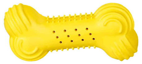 Gelbes, knochenförmiges Spielzeug mit Noppen und Löchern auf der Oberfläche, aus Gummi.