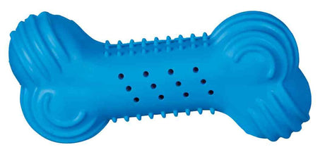 Blaues, knochenförmiges Spielzeug mit Noppen und Löchern auf der Oberfläche.
