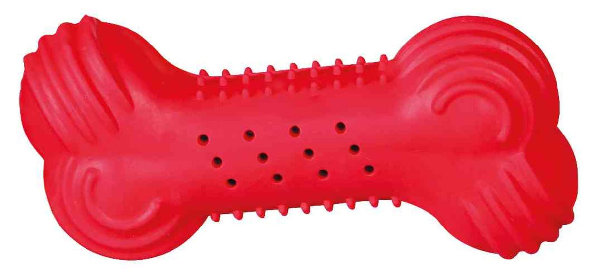 Rotes Spielzeug in Knochenform mit strukturierten Oberflächen und Löchern, für Hunde geeignet.