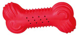 Rotes Spielzeug in Knochenform mit strukturierten Oberflächen und Löchern, für Hunde geeignet.