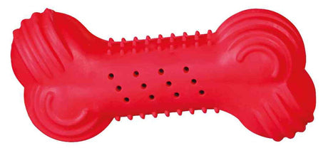 Rotes Spielzeug in Knochenform mit strukturierten Oberflächen und Löchern, für Hunde geeignet.