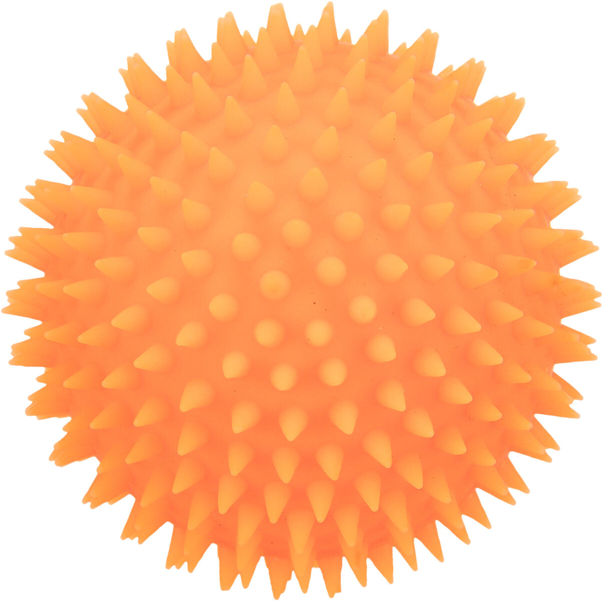 Orangefarbener Ball mit vielen kurzen, spitzen Noppen auf der Oberfläche.