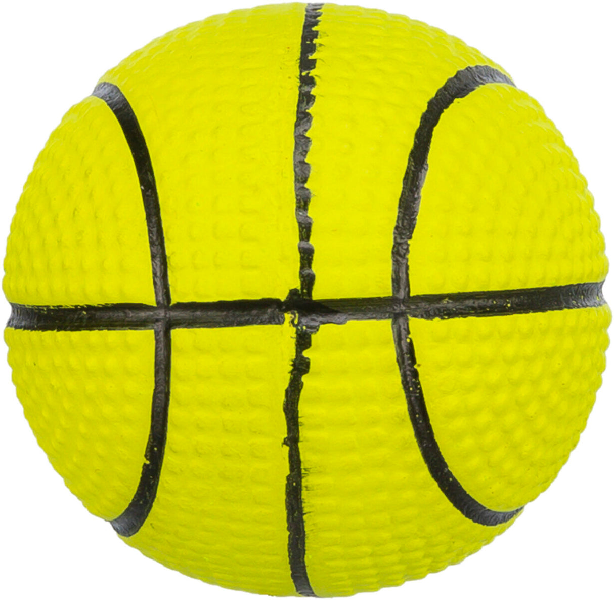 Gelber Ball mit schwarzen Linien, die das Muster eines Basketballs bilden, auf weißem Hintergrund.