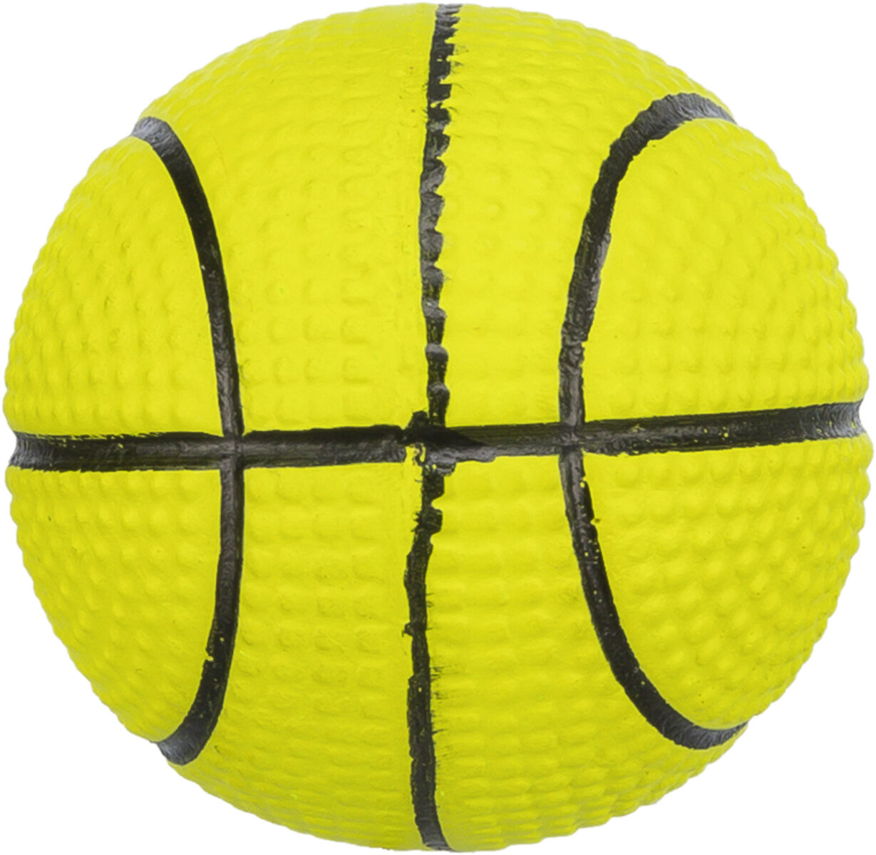 Gelber Ball mit schwarzen Linien, die das Muster eines Basketballs bilden, auf weißem Hintergrund.