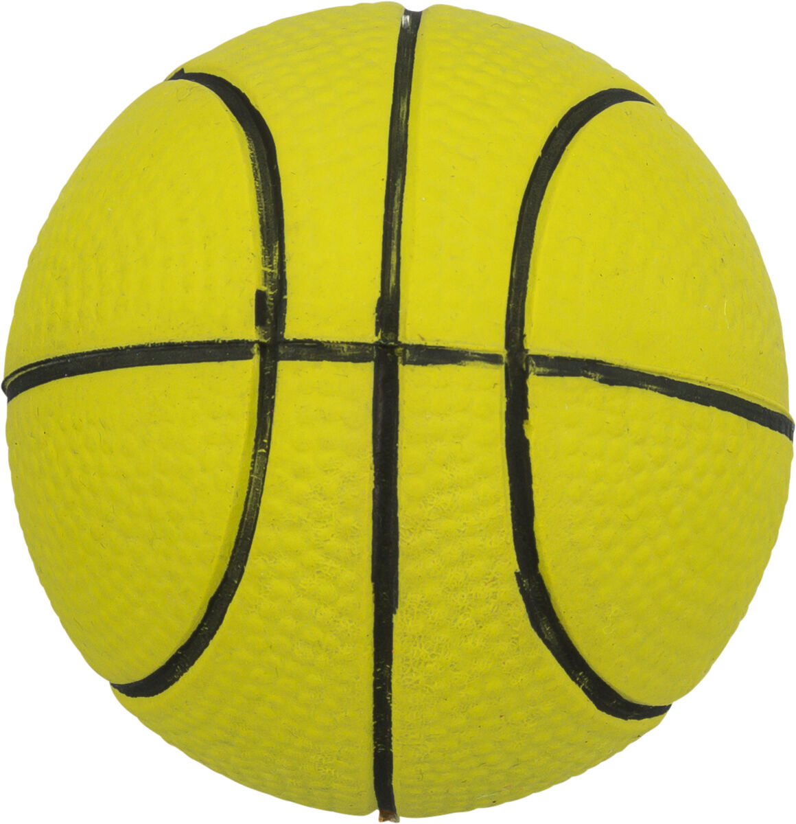 Gelber Basketball mit schwarzen Linien auf strukturiertem Untergrund sichtbar.