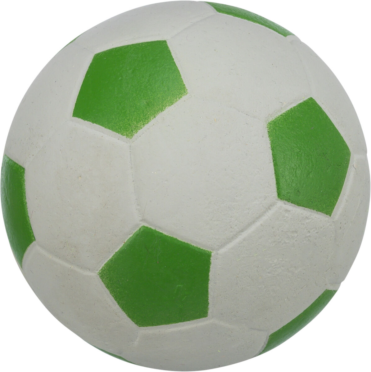 Ein Ball mit weißen und grünen sechseckigen Mustern, ähnlich einem Fußball, auf weißem Hintergrund.