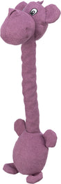 Lila Plüschspielzeug in Form eines Tieres mit langem Hals, großen Augen und kurzen Beinen.