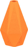 Orange Spielzeug aus Kunststoff mit prismatischer Form und noppiger Oberfläche, seitlich Pfotenmotiv.