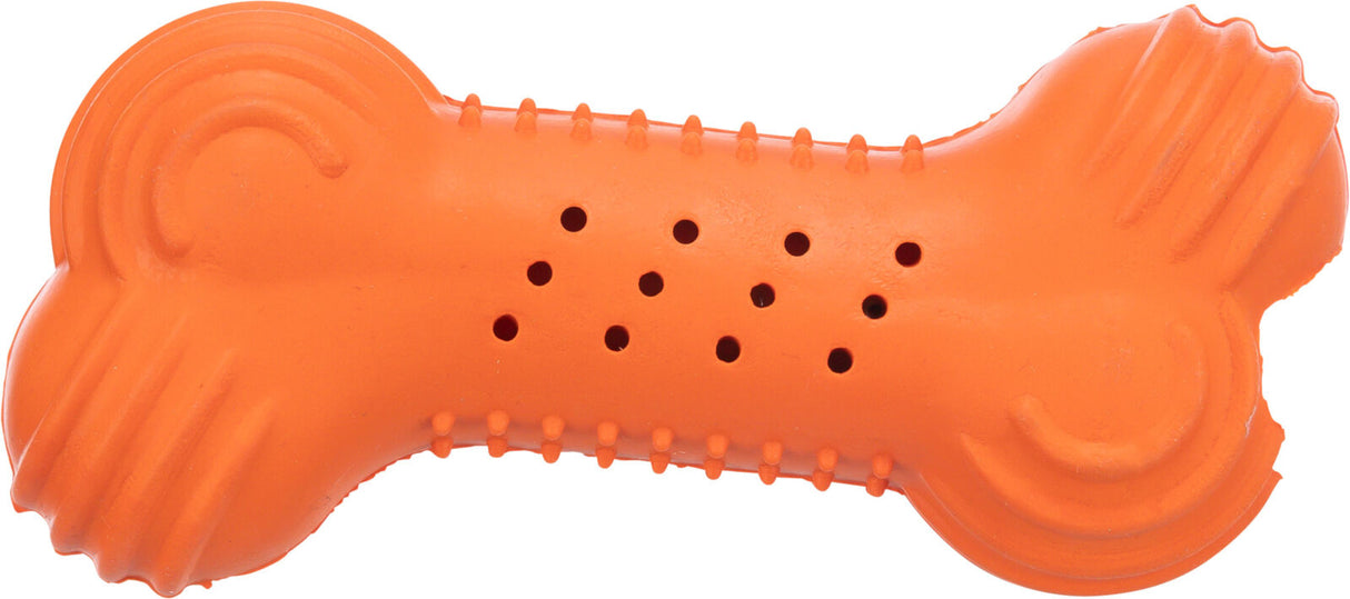Orange, knochenförmiges Spielzeug mit strukturierten Enden und mehreren Löchern in der Mitte.