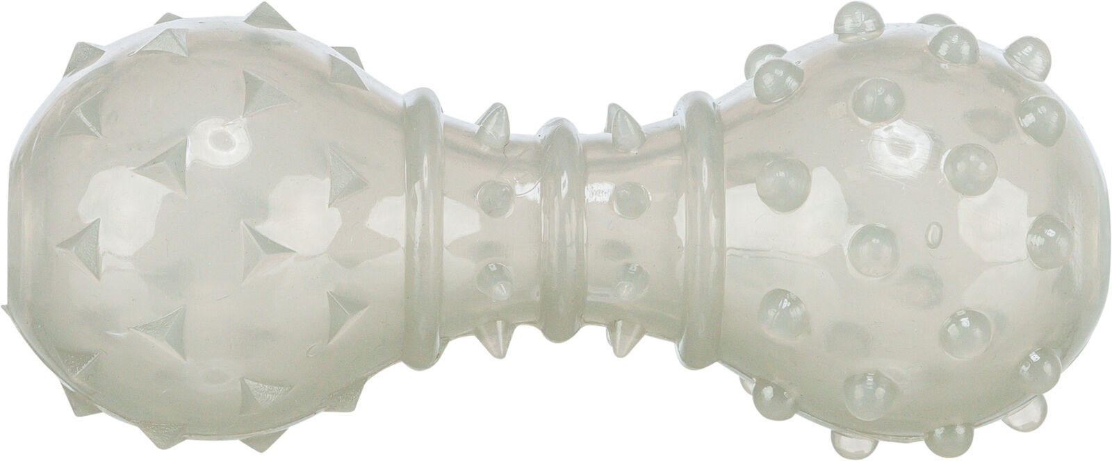 Transparenter Kauspielzeugknochen mit erhabenen Noppen und Pyramidenformen auf der Oberfläche.