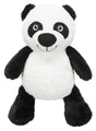 Schwarz-weißer Plüschpanda mit runden Augen und einem Lächeln, weicher Körper, stehende Position.
