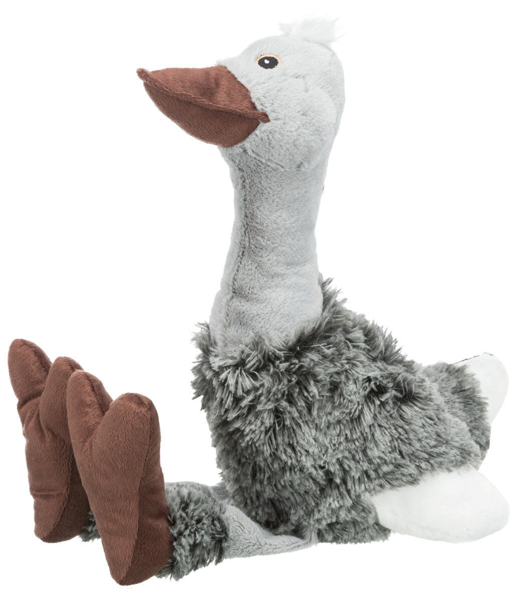 Graues Stofftier in Form eines Vogels mit braunem Schnabel und Füßen, langem Hals und flauschigem Körper.