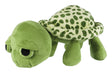 Grünes Plüschtier in Form einer Schildkröte mit gepunktetem Panzer und schwarzen Augen.