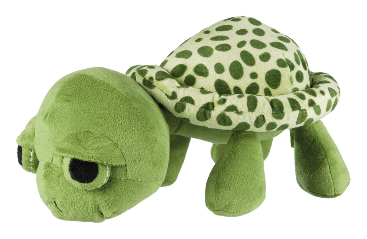 Grünes Plüschtier in Form einer Schildkröte mit gepunktetem Panzer und schwarzen Augen.