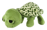 Grünes Plüschtier in Form einer Schildkröte mit gepunktetem Panzer und schwarzen Augen.