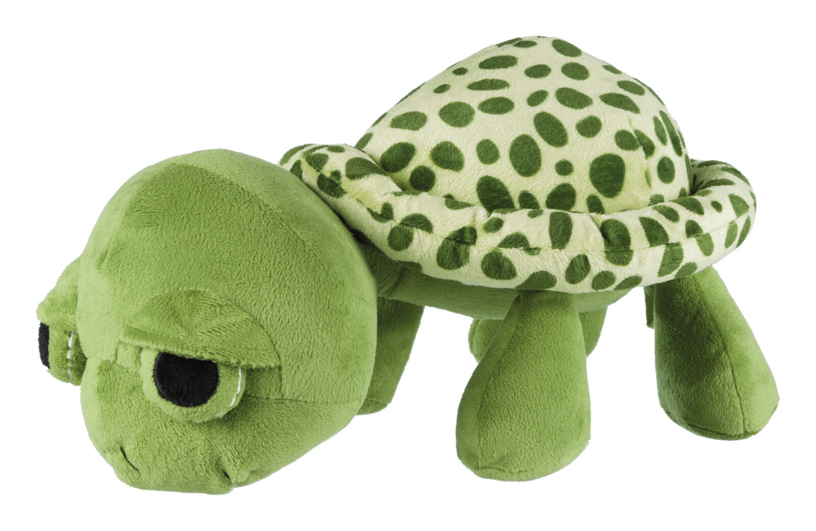 Grünes Plüschtier in Form einer Schildkröte mit gepunktetem Panzer und schwarzen Augen.