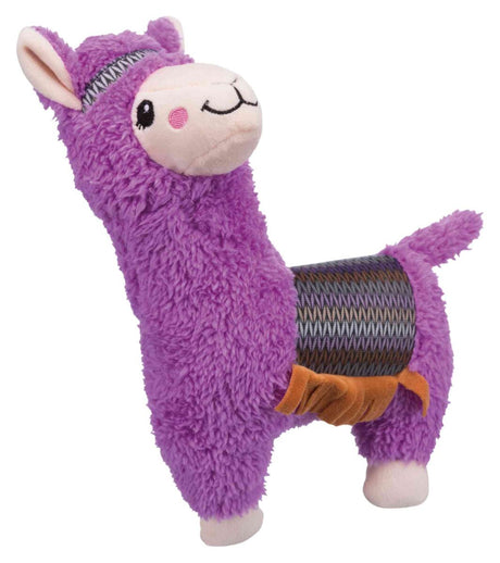 Lila Plüschtier in Lamaform mit lachendem Gesicht, gemustertem Sattel und beigen Details an Ohren und Beinen.