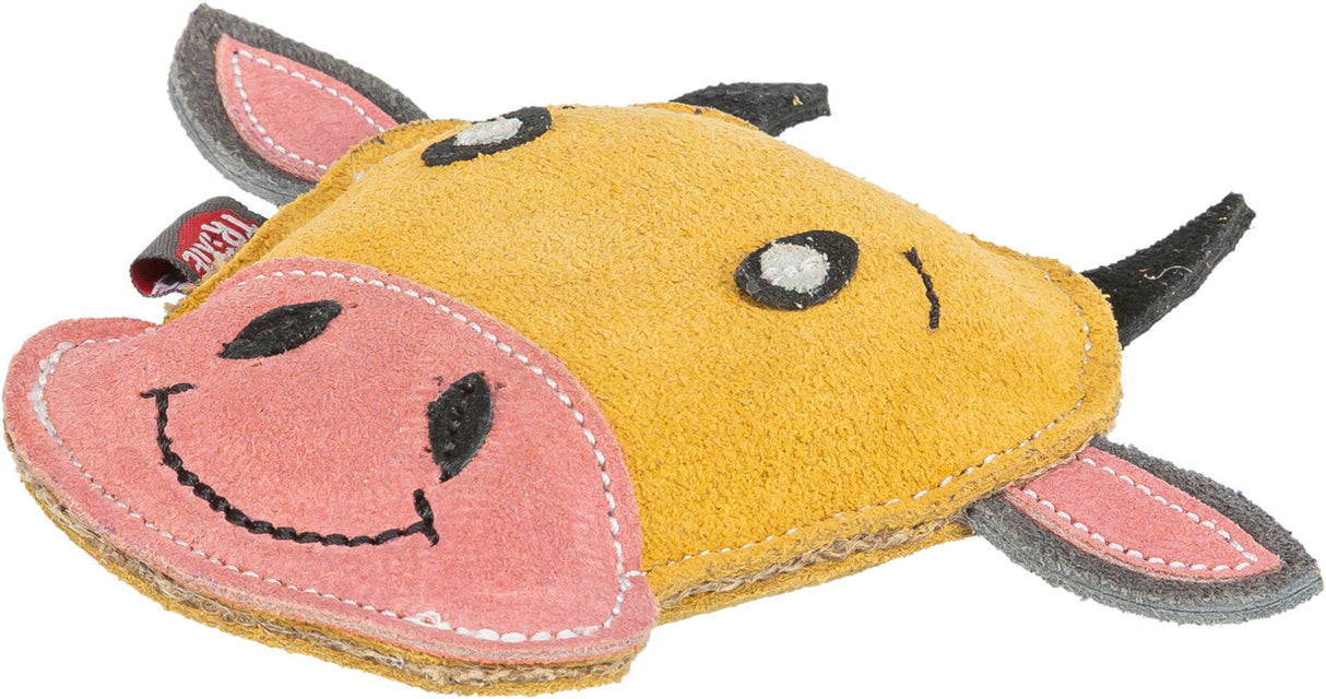 Gelbes Spielzeug in Form eines Tierkopfes mit rosa Schnauze und Ohren, schwarzen Augen und Hörnern.
