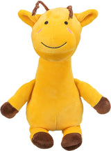 Gelbes Plüschspielzeug in Form einer Giraffe mit braunen Hufen und Ohren, lächelndem Gesicht und rosafarbenen Wangen.