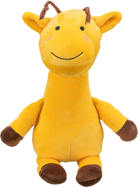 Gelbes Plüschspielzeug in Form einer Giraffe mit braunen Hufen und Ohren, lächelndem Gesicht und rosafarbenen Wangen.