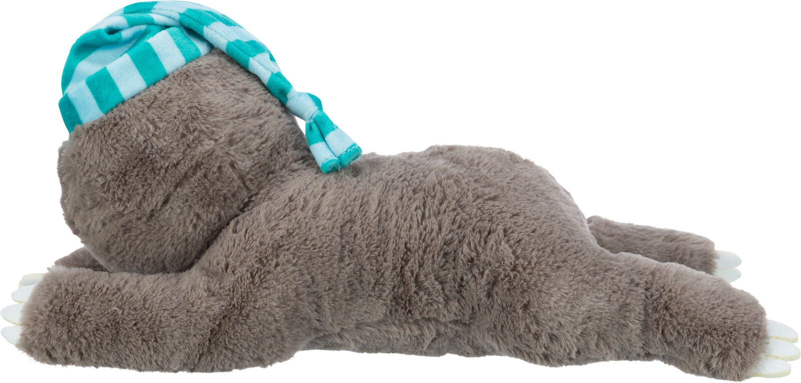 Graues Plüschtier in Tierform mit blau-weiß gestreifter Schlafmütze, liegt bäuchlings auf dem Boden.
