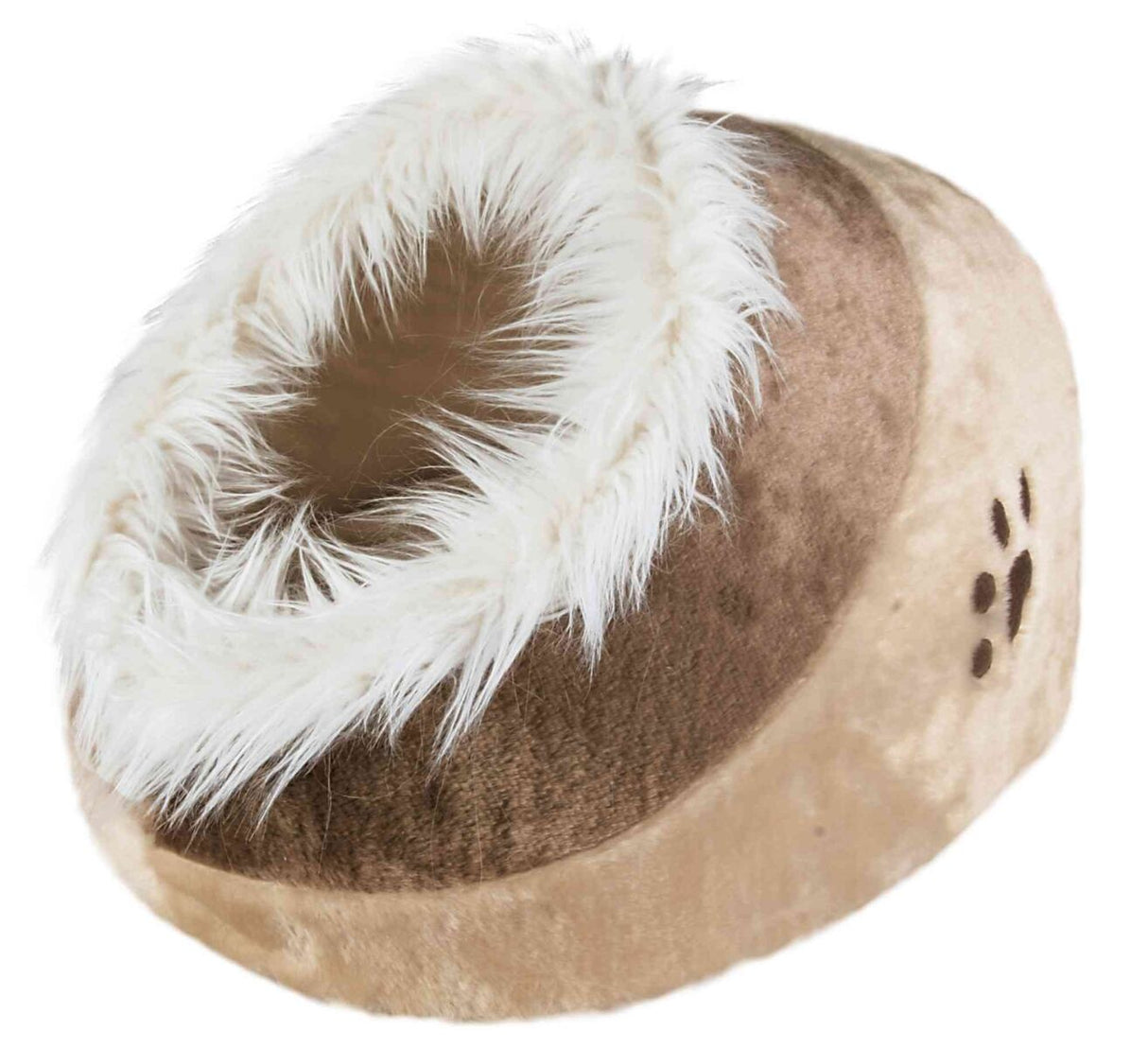 Kuschelig aussehendes rundes Plüschhaus, beige und braun, mit großen Öffnung und weißem Rand, Pfotenabdruck.