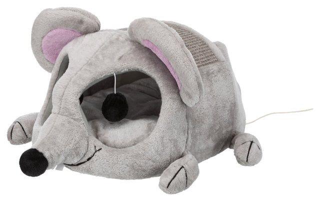 Plüschhöhle in Form einer grauen Maus mit rosa Ohren und schwarzem Spielzeugball an einer Schnur.