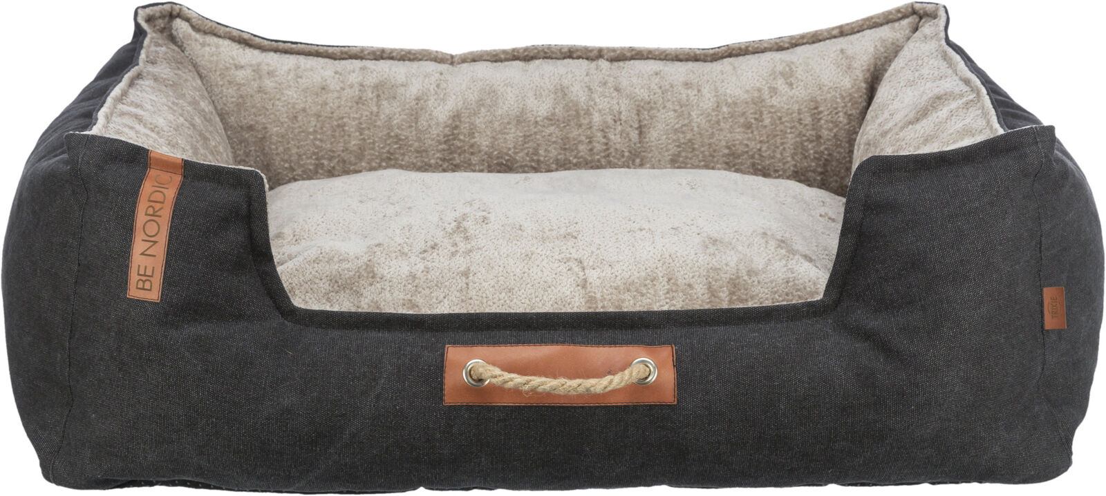 Hundebett mit dunkelgrauem Stoffbezug und heller, weicher Innenseite, vorne mit braunem Lederdetail und Seilgriff.