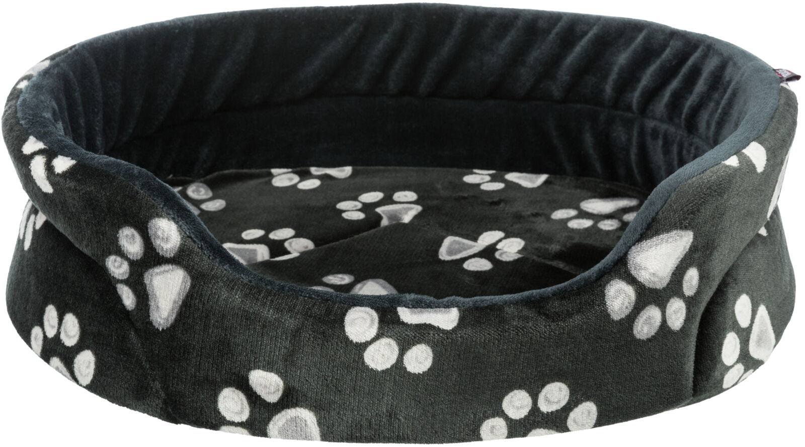 Rundes, flauschiges Bett mit dunkelgrauem Stoff, verziert mit weißen Pfotenabdrücken.