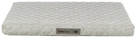 Graues, rechteckiges Polster mit rautenförmigem Muster, Label „homeEdition TRIXIE“ vorne sichtbar.