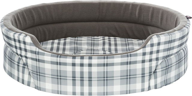 Rundes Katzen- oder Hundebett mit grauem Karomuster und weichem, flauschigem dunkelgrauen Innenfutter.