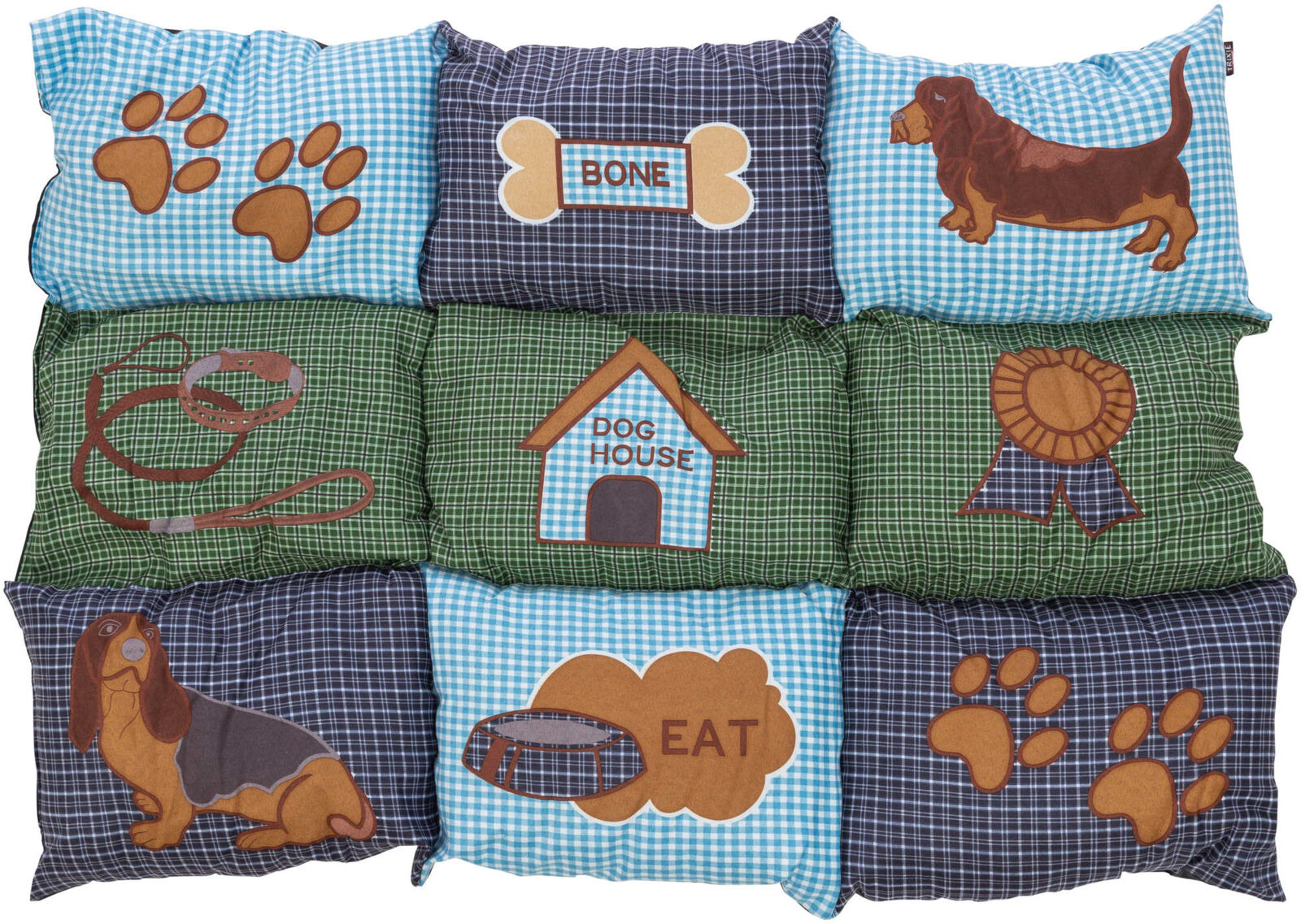 Bunte Kissen mit Hundemotiven und Texten "BONE", "DOG HOUSE", "EAT", in Blau- und Grüntönen mit Karomuster.