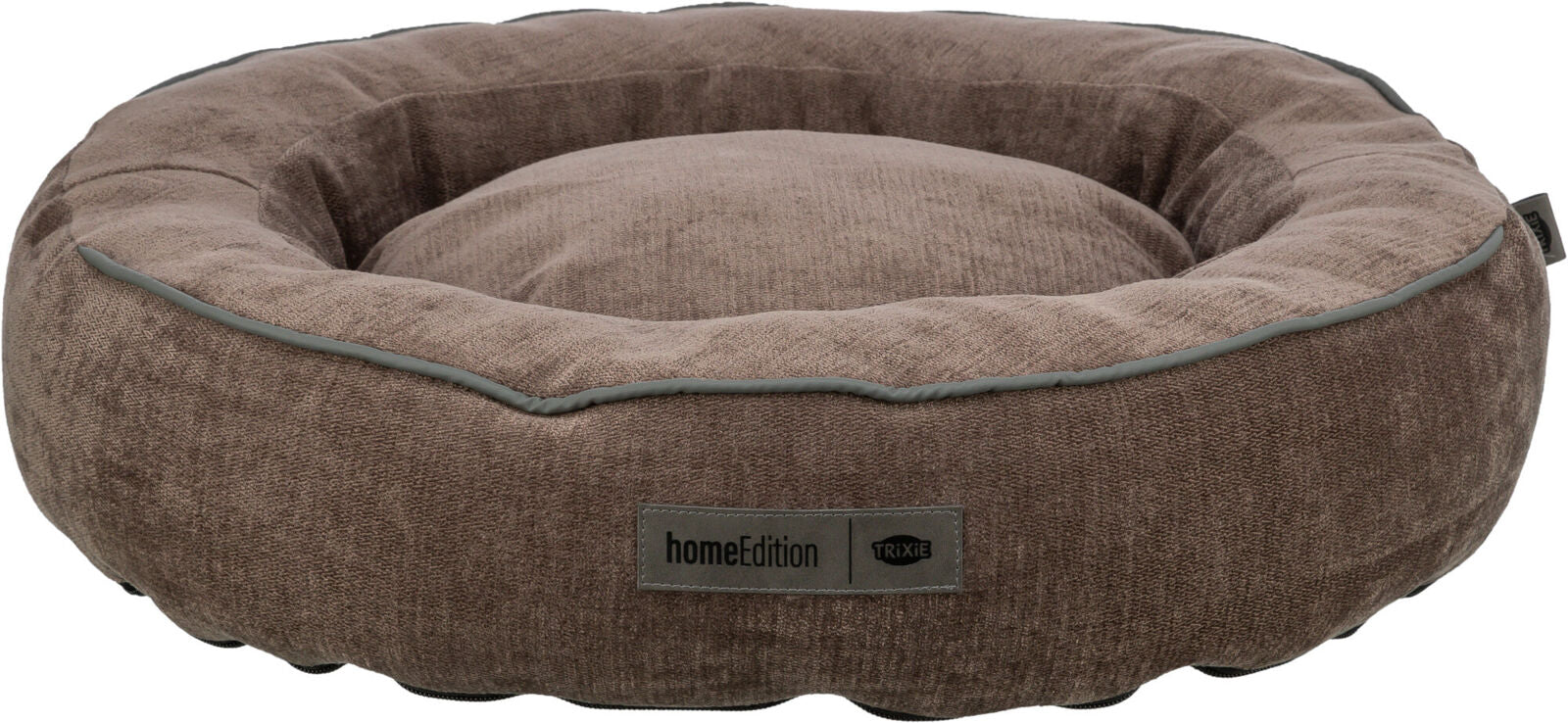 Braunes rundes Bett mit erhöhter Umrandung, grauer Kante und Labelaufschrift "homeEdition" und "TRIXIE".