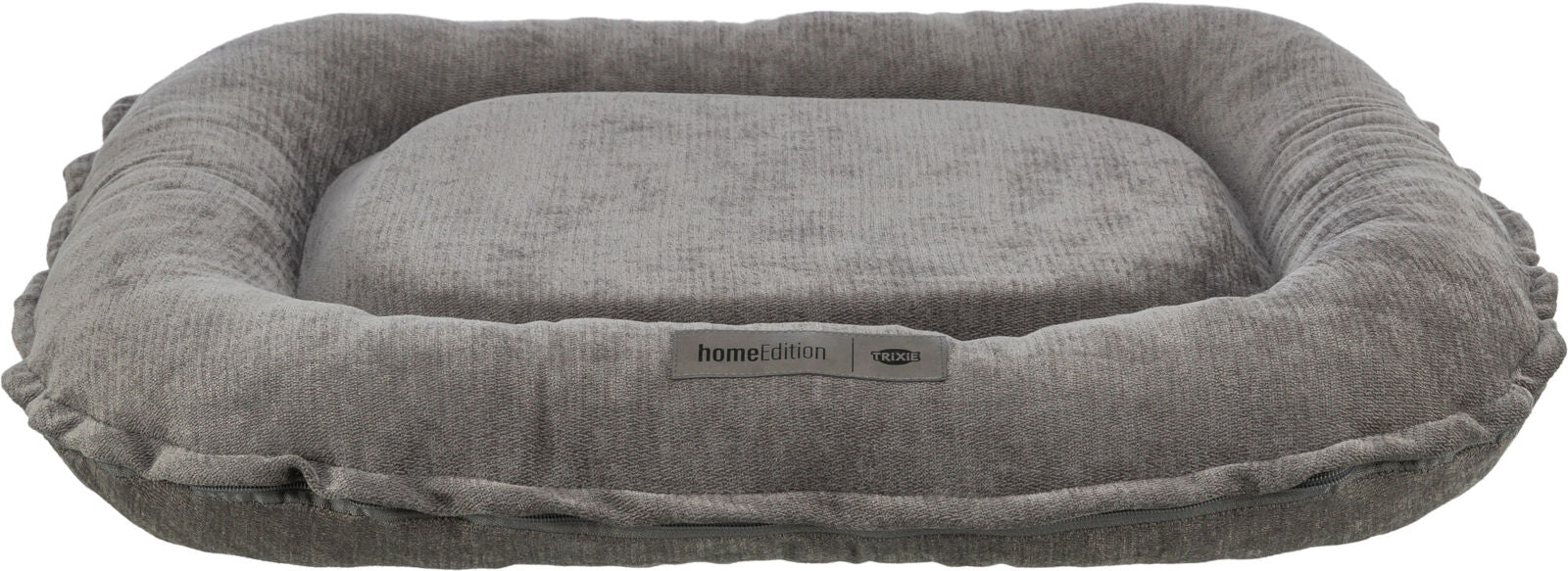 Graues, rechteckiges Haustierbett mit gepolsterter Umrandung und aufgenähtem Etikett "homeEdition TRIXIE".