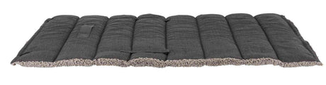 Grau-schwarze, gepolsterte Matte mit Plüschrand, horizontal gesteppt und rechteckig geformt.