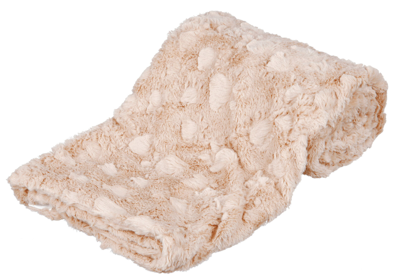 Weiche, beige Decke mit strukturierter Oberfläche und flauschiger Textur, locker gefaltet dargestellt.