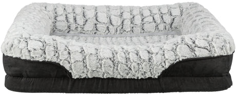 Rechteckiges Haustierbett mit hellgrauem, plüschigem Rand und schwarzem, gepolstertem Boden.