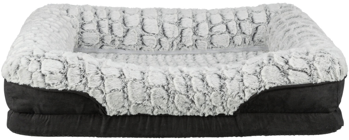 Rechteckiges Haustierbett mit hellgrauem, plüschigem Rand und schwarzem, gepolstertem Boden.