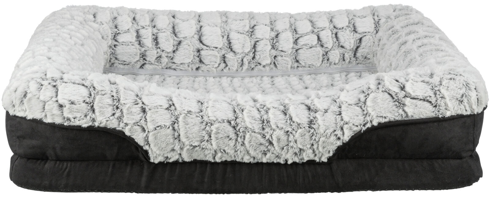 Rechteckiges Haustierbett mit hellgrauem, plüschigem Rand und schwarzem, gepolstertem Boden.