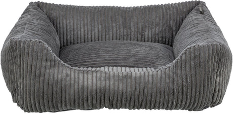 Graues, geripptes Haustierbett mit quadratischer Form und erhöhten Seiten für Komfort.