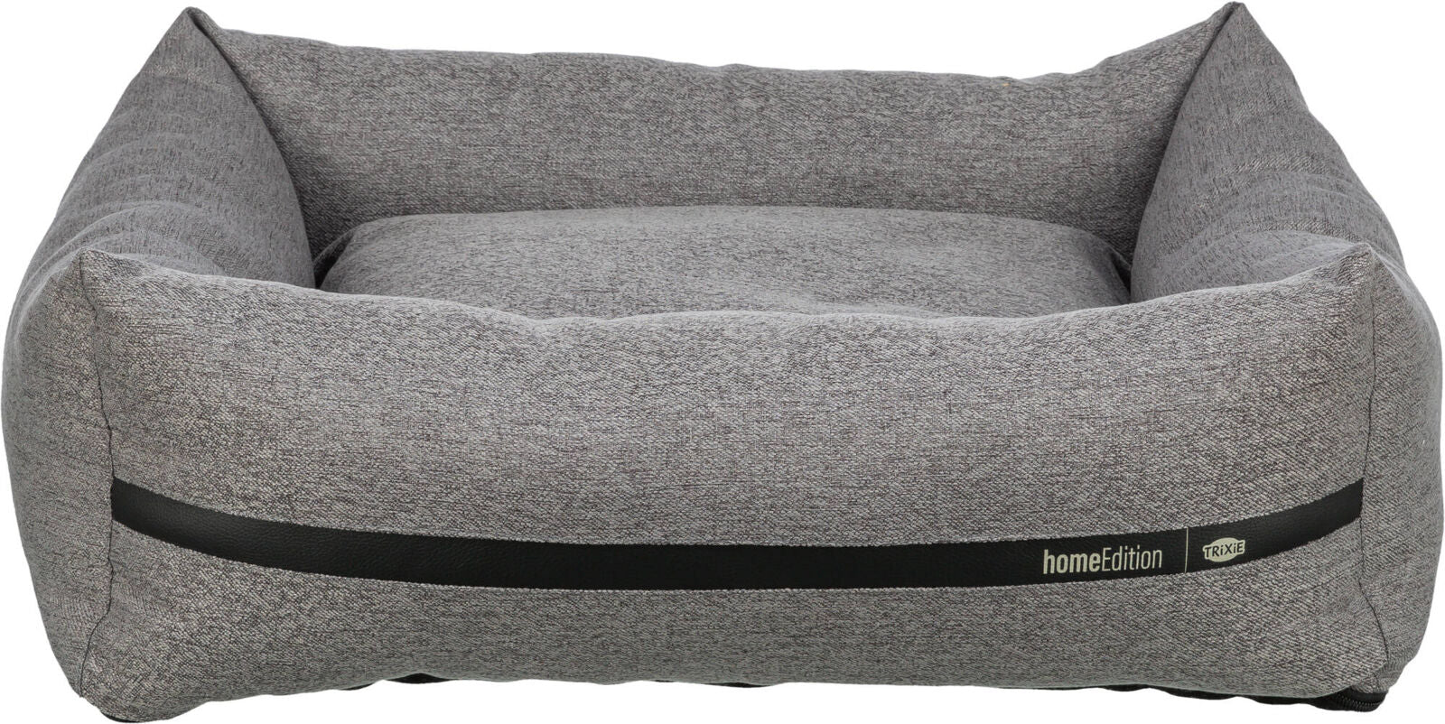 Graues, rechteckiges Hundebett mit erhöhtem Rand, Textur sichtbar, schwarzer Streifen, Aufschrift "homeEdition Trixie".