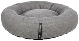 Graues, rundes Haustierbett mit schwarzem Etikett der Marke "homeEdition" von "Trixie".