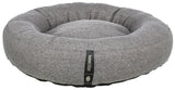 Graues, rundes Haustierbett mit schwarzem Etikett der Marke "homeEdition" von "Trixie".