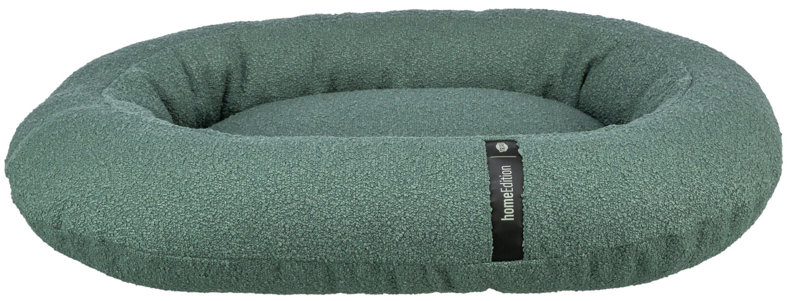Rundes, grünes Hundebett mit hohem Rand und einer Label-Aufschrift "homeEdition" auf einem schwarzen Streifen.
